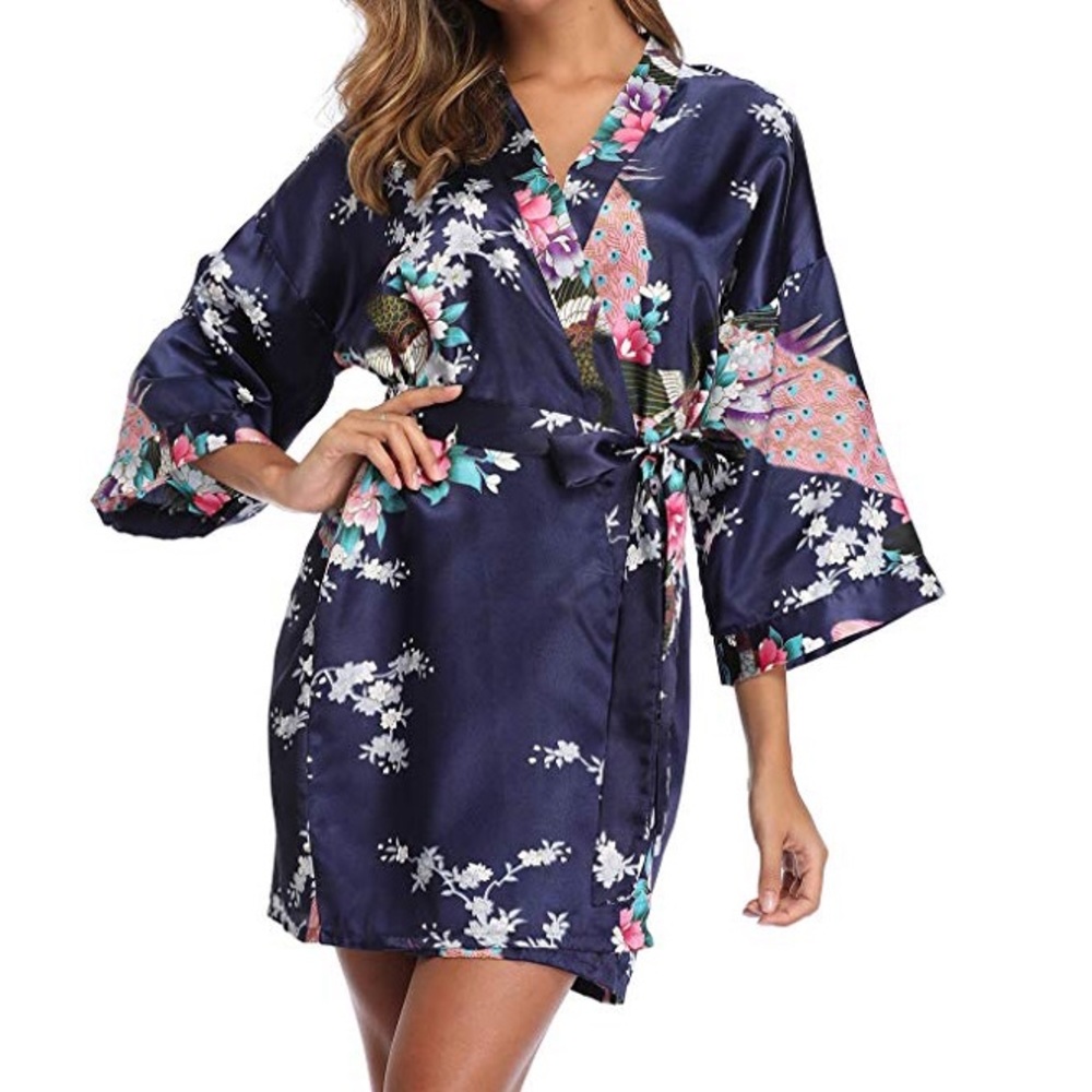 Tian bao gong blue satiny kimono robe